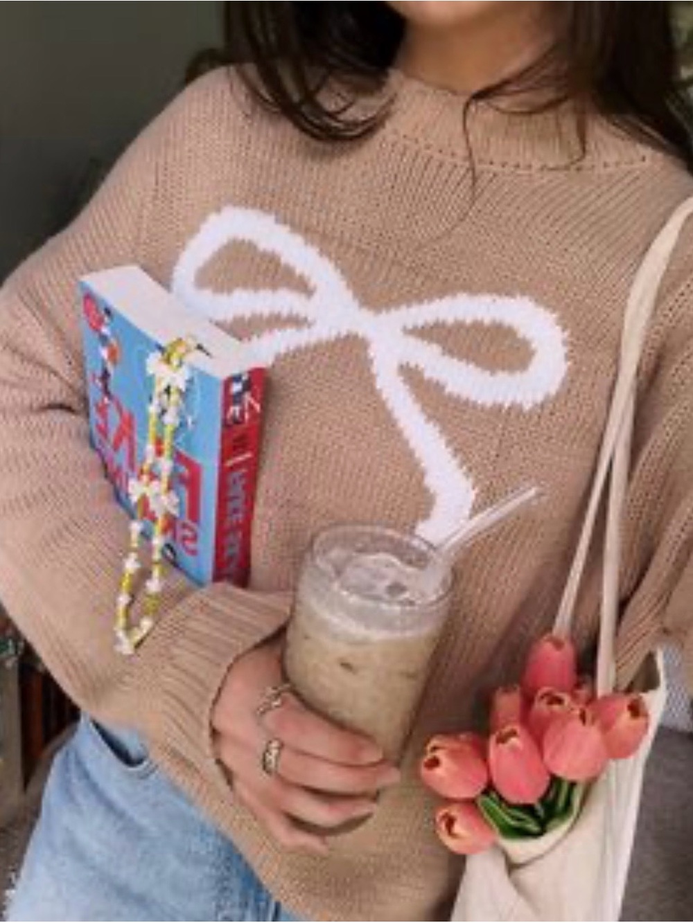 🎀EUC Sincerely Jules “Bow🎀 Pullover Sweater” Light Brown🤎 w/White🤍Bow🎀 Medium
